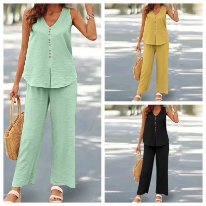V-neck casual solid color printed tank top wide leg pant suit