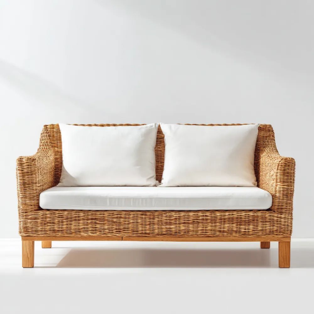 2-Sitzer-Gartensofa Rattan 150x80x85 cm – Natur/Weiß – Mit Kissen – Modernes Design