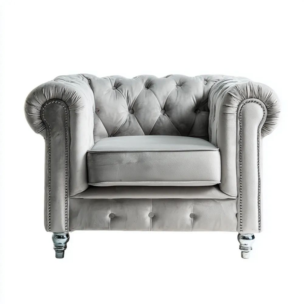 Chesterfield Sessel (98x85x72 cm) Samtpolster - Hellgrau - Klassisches Design
