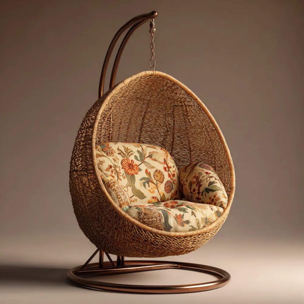 Hängesessel Rattan 100x100x195 cm - Beige/Mehrfarbig Blumenmuster