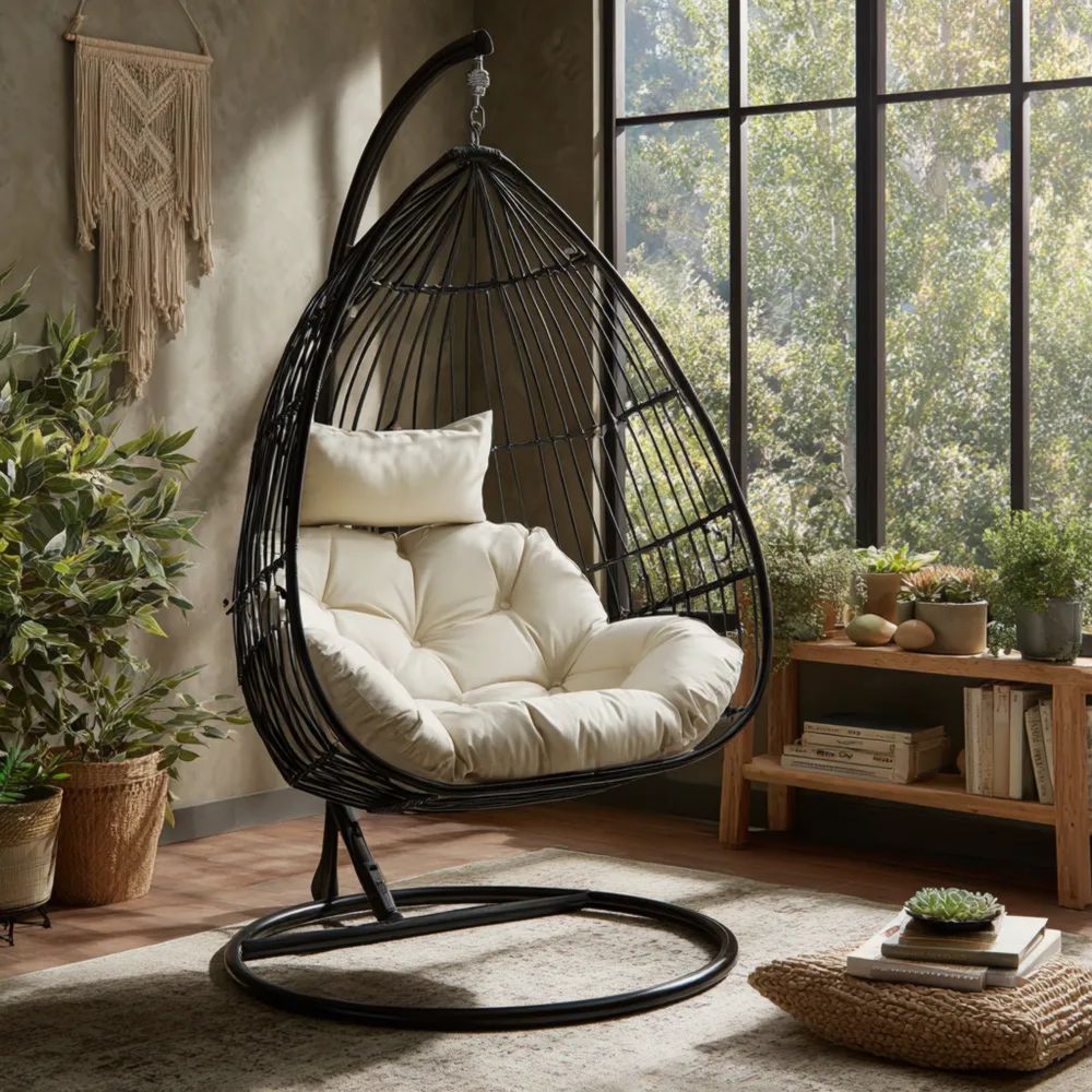 Hängesessel mit Kissen - Rattan - 105x105x200 cm - Schwarz/Cremeweiß - Moderner Stil