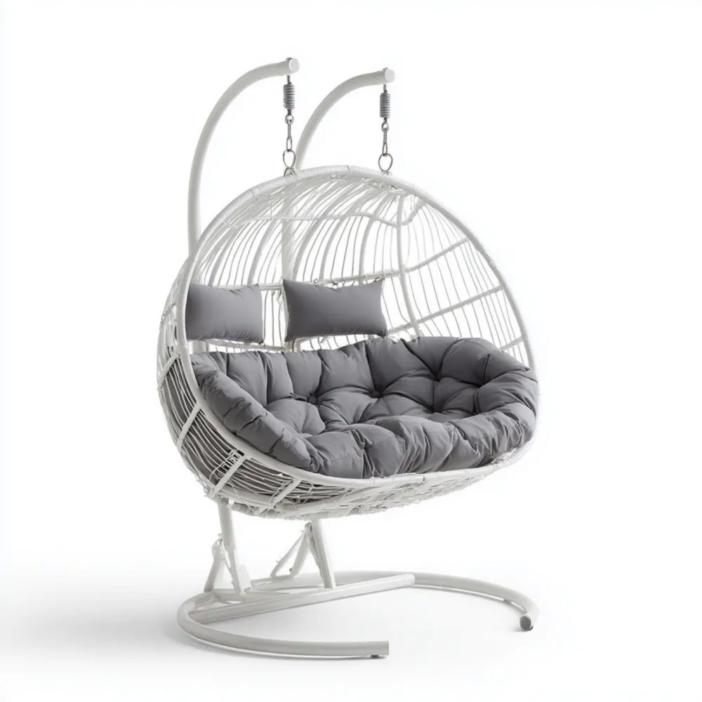 Doppel-Hängesessel Rattan 120x120x195 cm – Weiß/Grau – Modernes Design