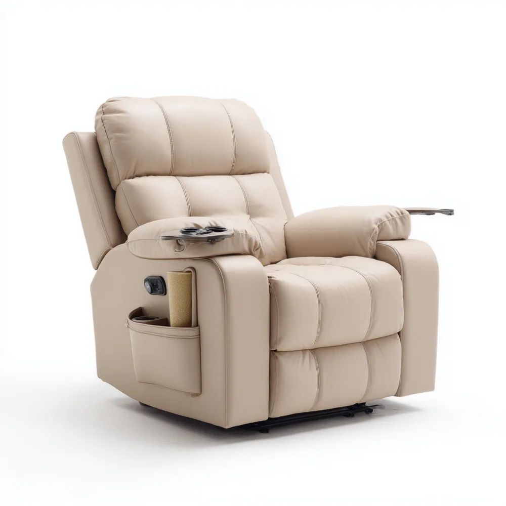 Relaxsessel Kunstleder 85x90x100 cm - Beige - Verstellbar mit Getränkehalter