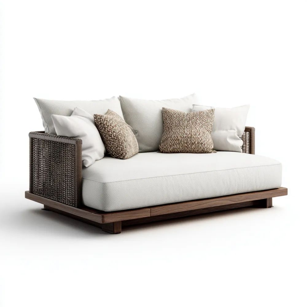 Canapé de jardin deux places 140x85x75 cm - Résine et bois - Beige - Design moderne