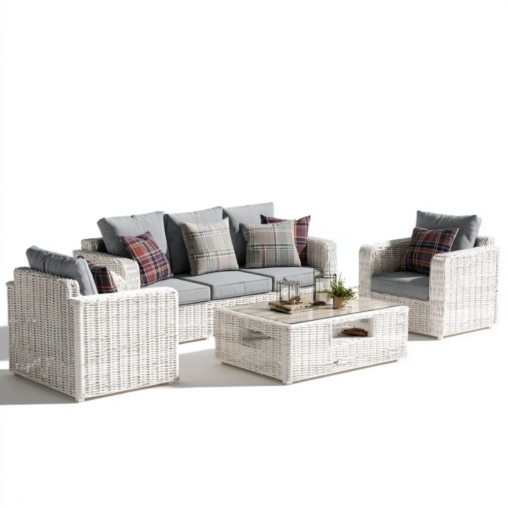 Ensemble de salon de jardin en résine tressée 200x80x70 cm coussins Blanc/Gris