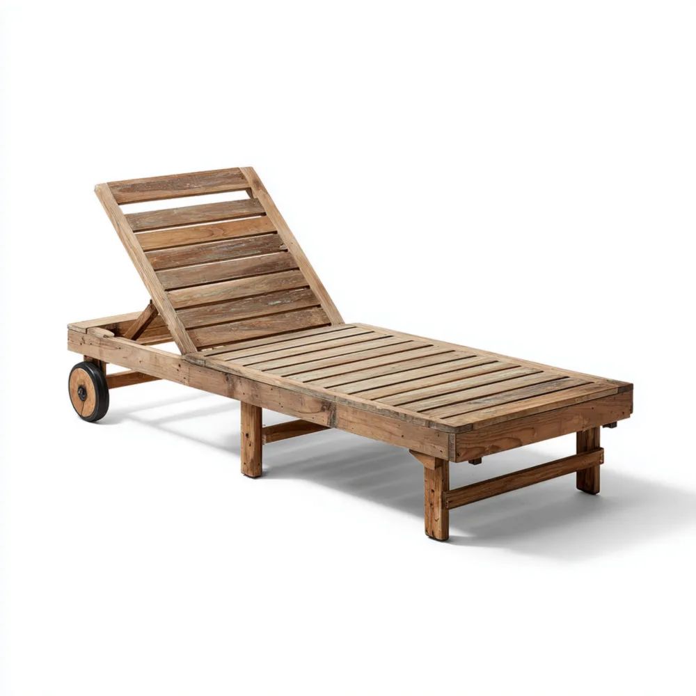 Chaise longue de jardin en bois massif 200x65x30 cm avec roues – Style Rustique