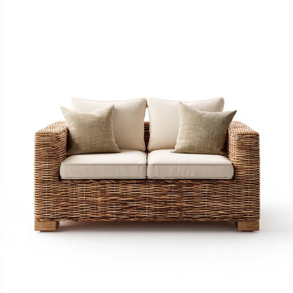 Canapé deux places en rotin 140x80x75 cm - Coussins Beige