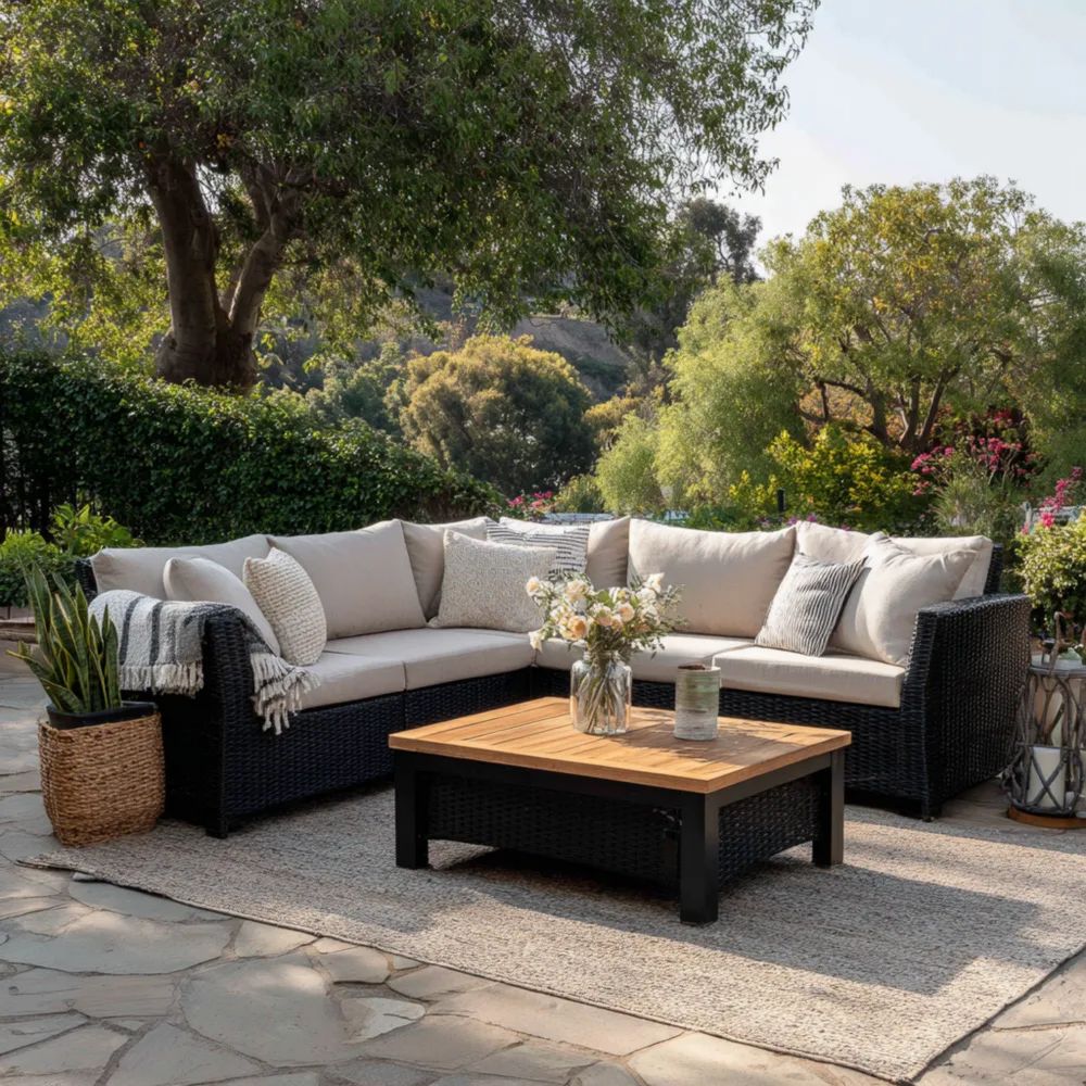 Ensemble de canapés de jardin rotin résine 2 pièces 250x250x85 cm avec table basse 90x60x40 cm - Beige - Design moderne