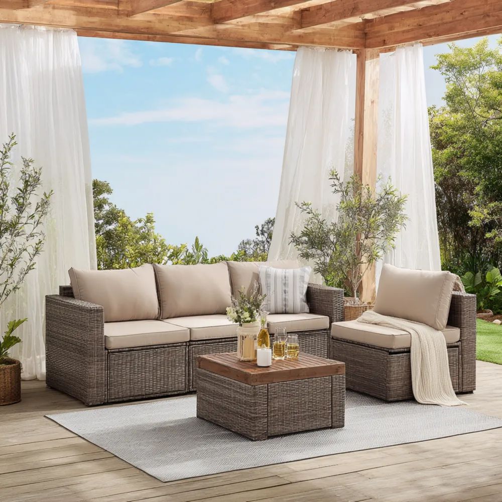 Ensemble de canapé d'extérieur en rotin synthétique 3 pièces 180x65x75 cm – Beige – Design Moderne