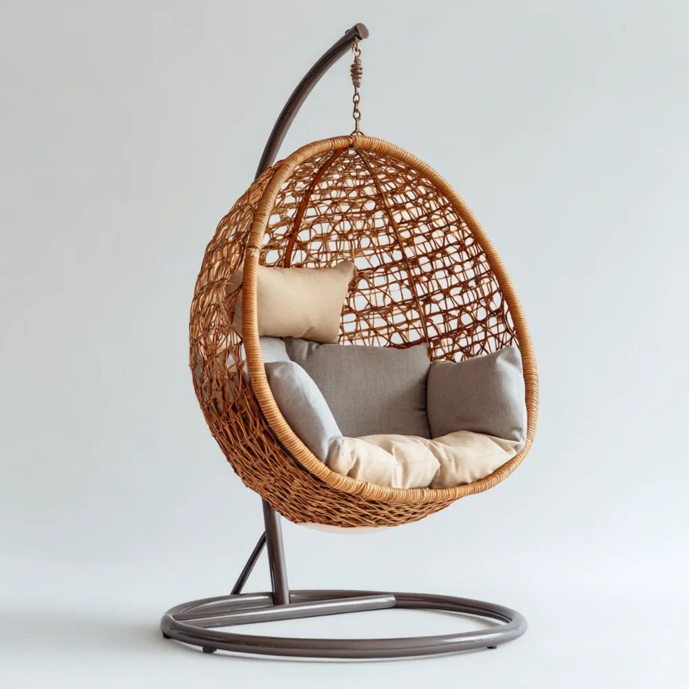Chaise suspendue en rotin 100x80x200 cm – Coussins Beiges et Gris – Design contemporain