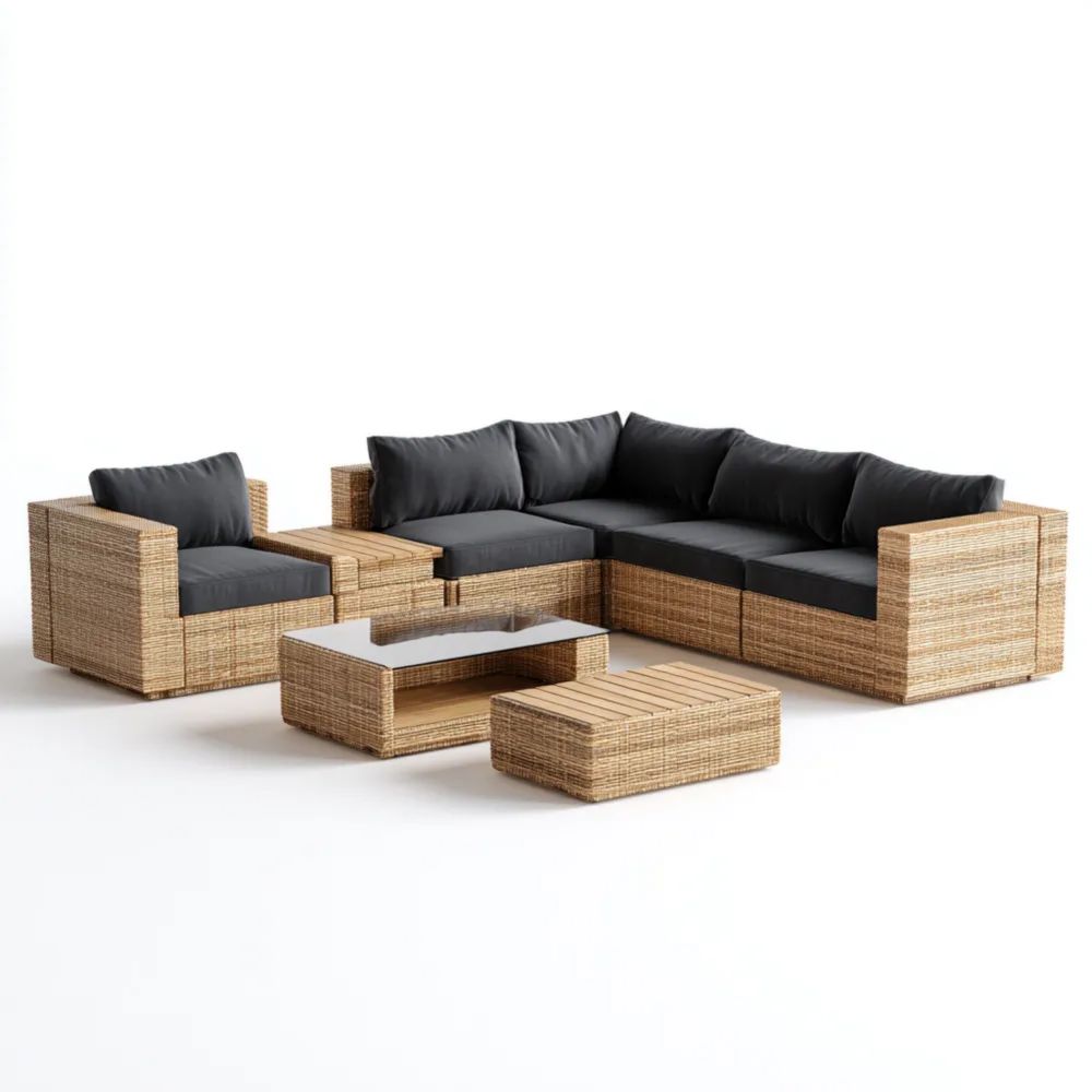 Ensemble de canapé de jardin en rotin 200x300x85 cm – Coussins Anthracite – Design Contemporain