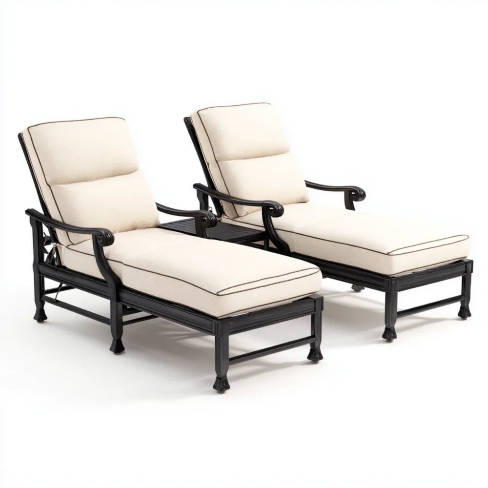 Transats de jardin en métal et tissu - 195x70x30 cm - Beige - Design classique