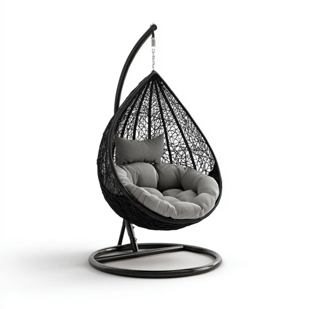 Chaise suspendue en rotin synthétique 105x105x195 cm Noir – Coussin Gris – Design moderne