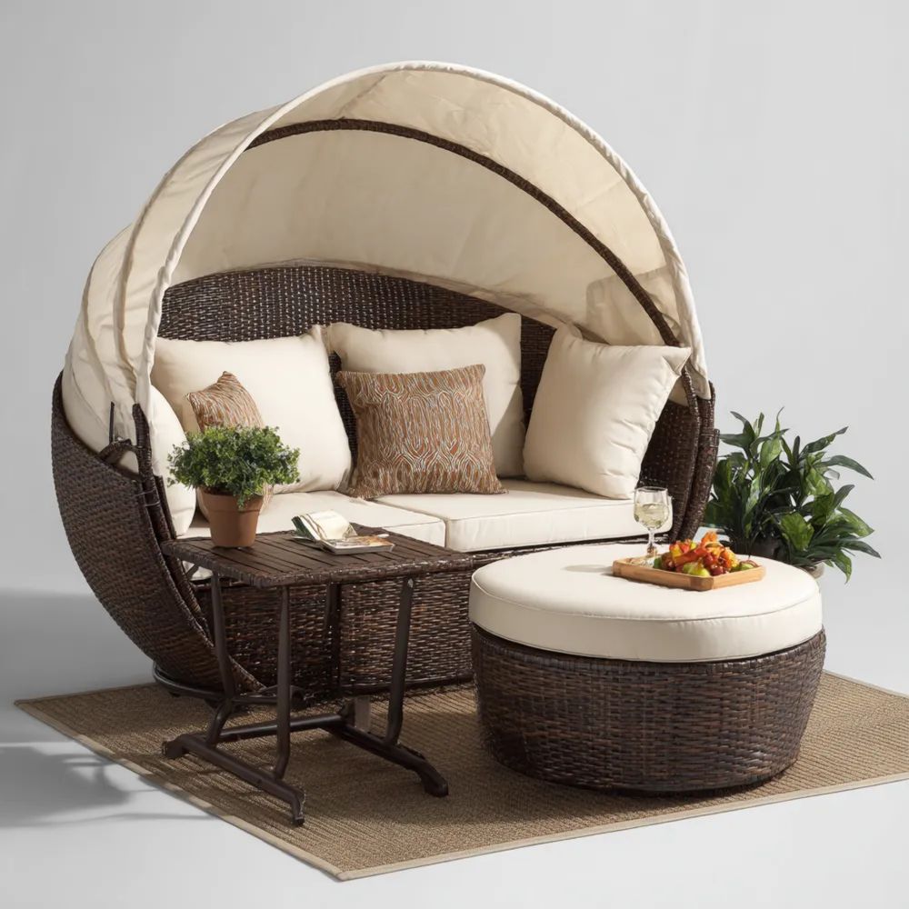 Ensemble de canapé de jardin en rotin avec auvent 180x150x140 cm – Beige/Marron – Design moderne