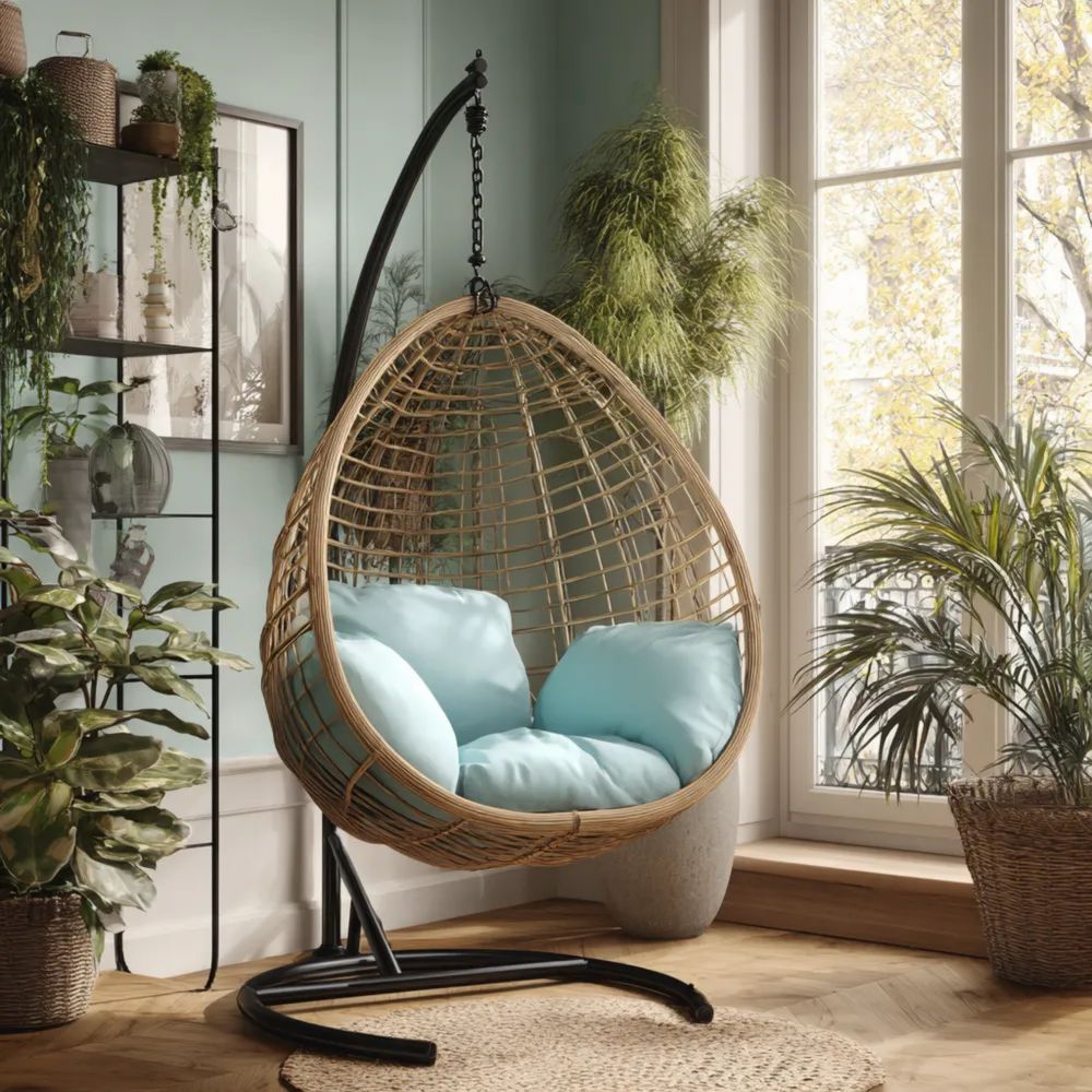Chaise suspendue en rotin synthétique 95x95x200 cm coussins Bleu Ciel – Design moderne