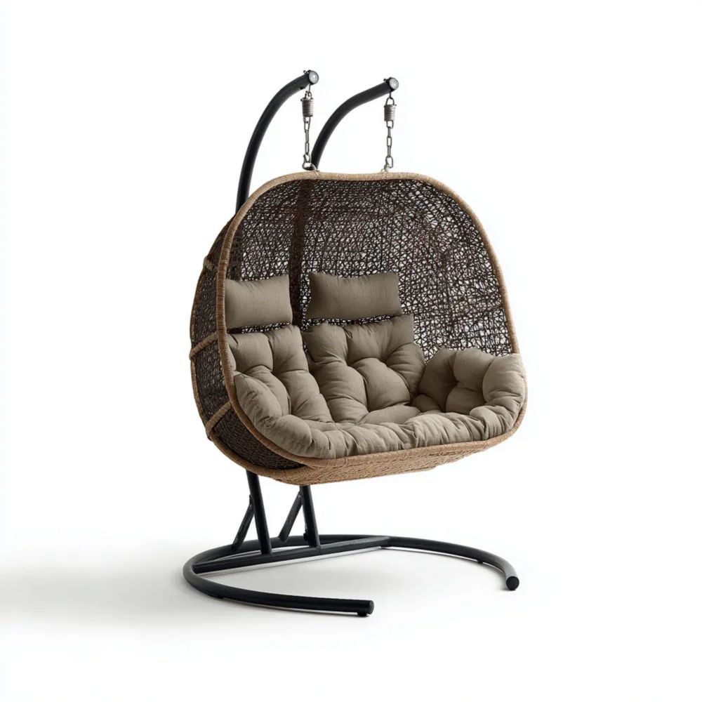 Chaise suspendue double en rotin synthétique 138x74x195 cm – Beige – Design moderne