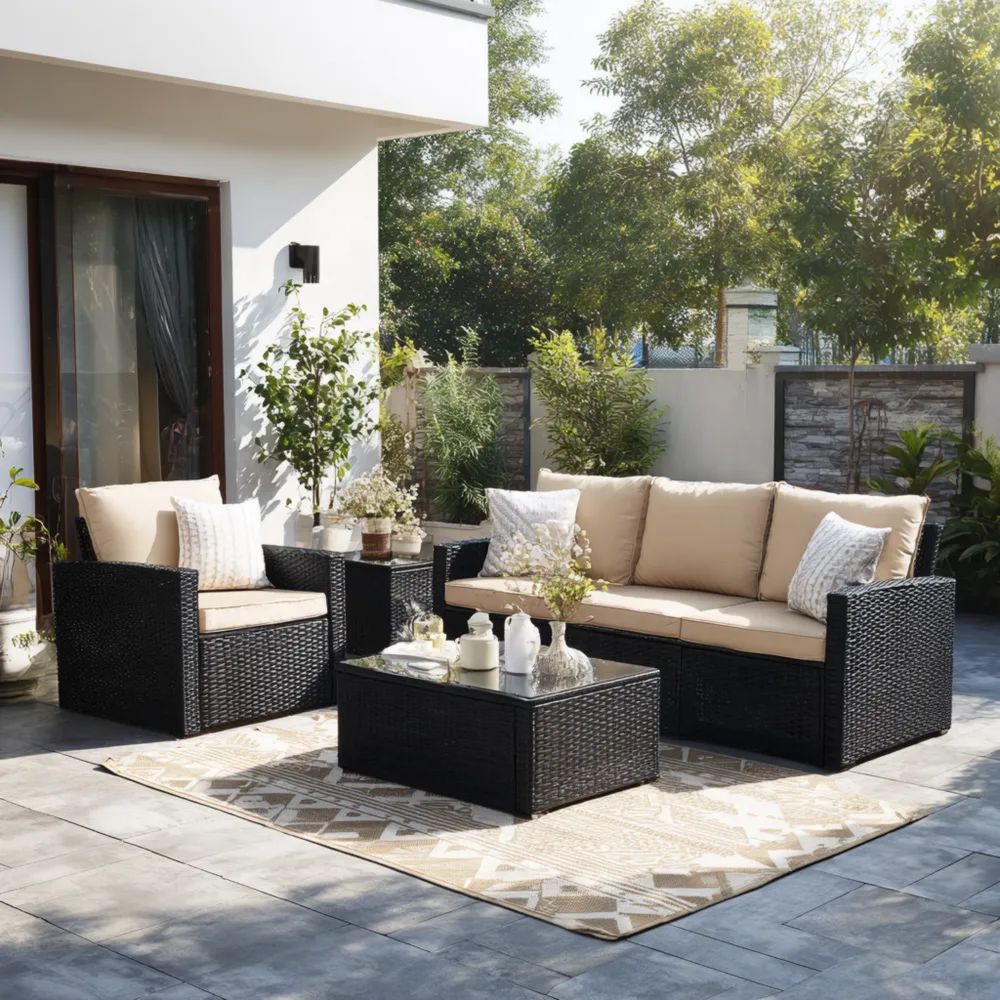 Ensemble de canapé d'extérieur en rotin synthétique 182x70x79 cm Noir/Beige – Design moderne