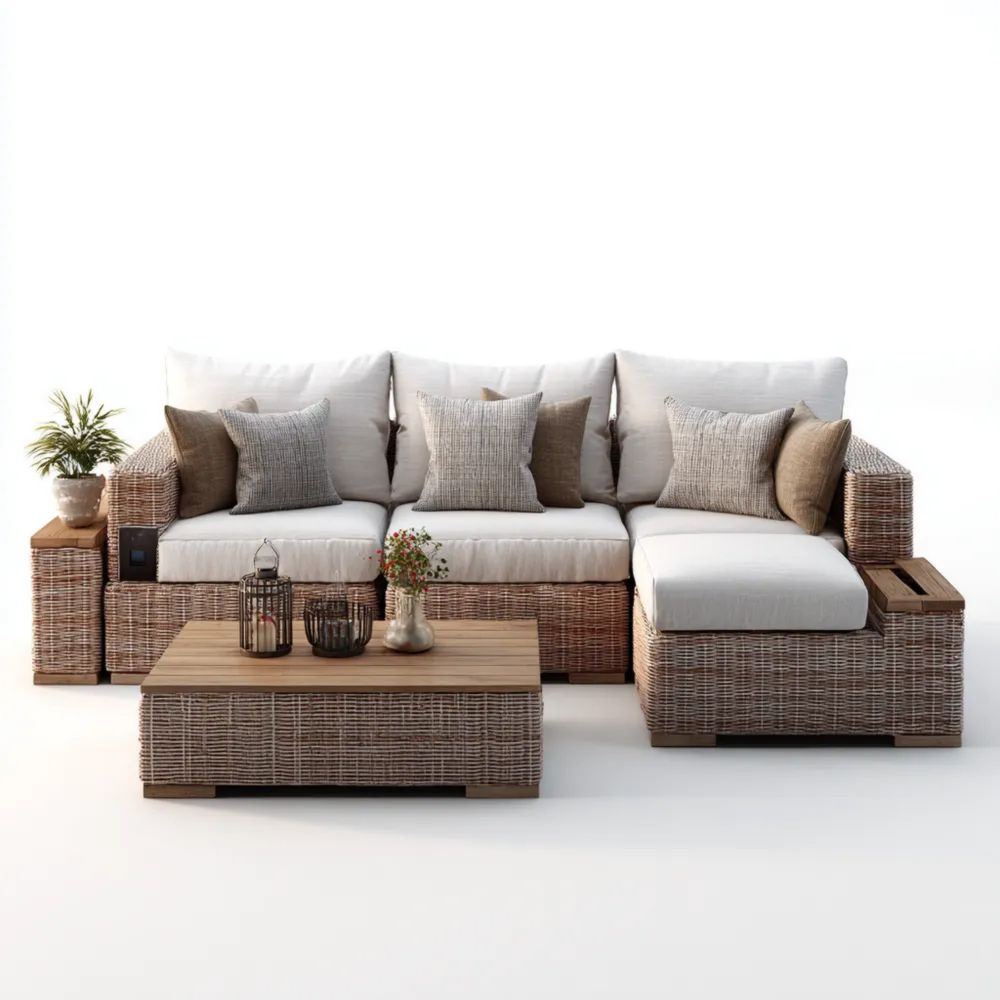 Ensemble de canapé d'extérieur en résine tressée 200x80x75 cm et table basse 100x50x40 cm – Beige/Brun – Design modulable