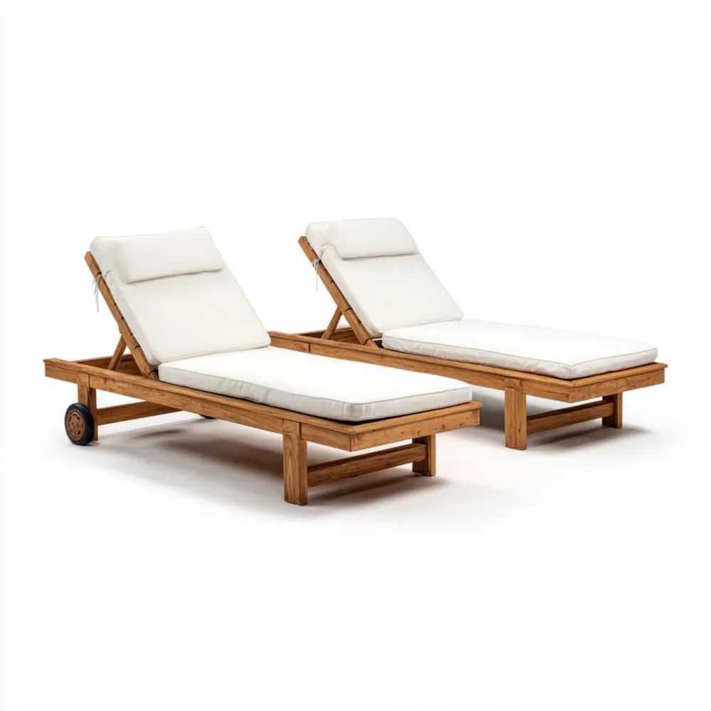 Transat de jardin en teck 200x65x35 cm avec coussins Blancs – Design classique