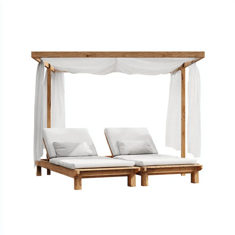 Bain de soleil double 200x180x160 cm en bois avec auvent en tissu Blanc/Marron pour jardin