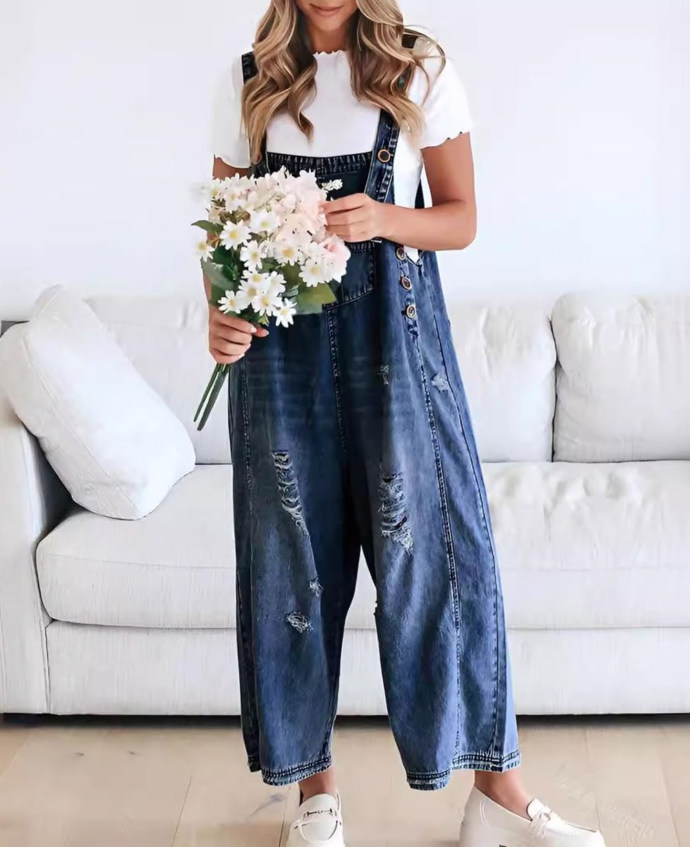 Loose Fit Adjustable Strap Distressed Denim Bib Overalls