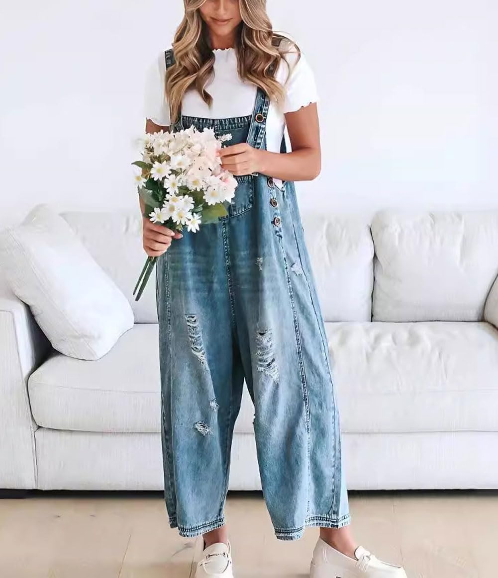 Loose Fit Adjustable Strap Distressed Denim Bib Overalls