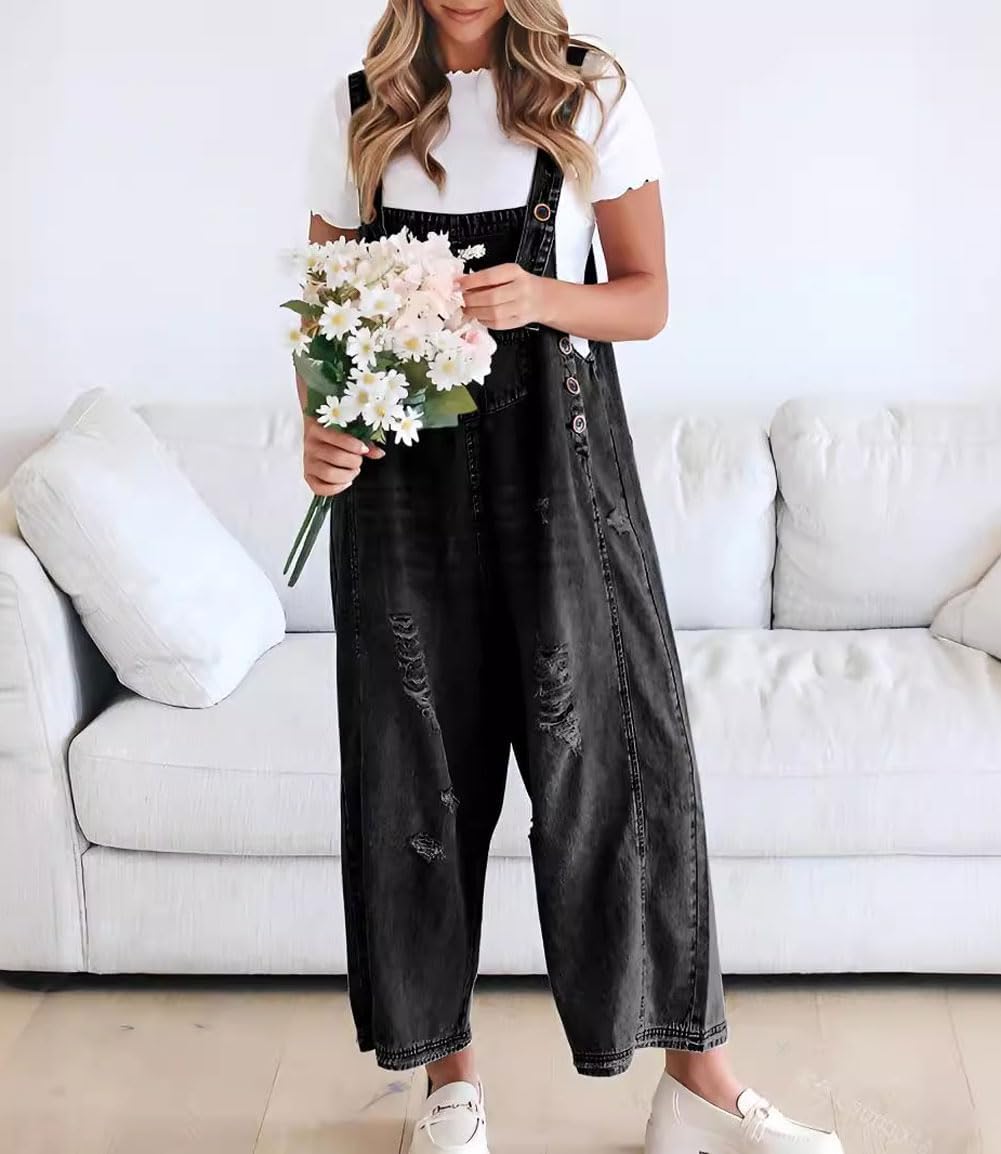Loose Fit Adjustable Strap Distressed Denim Bib Overalls