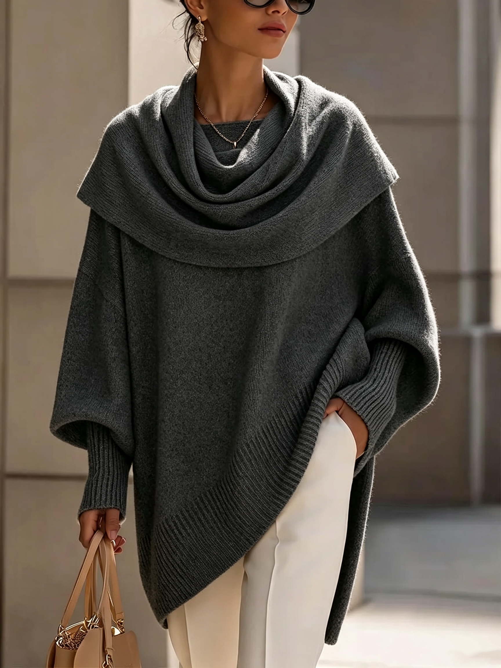  Women's solid color turtleneck long-sleeved casual loose knit pullover