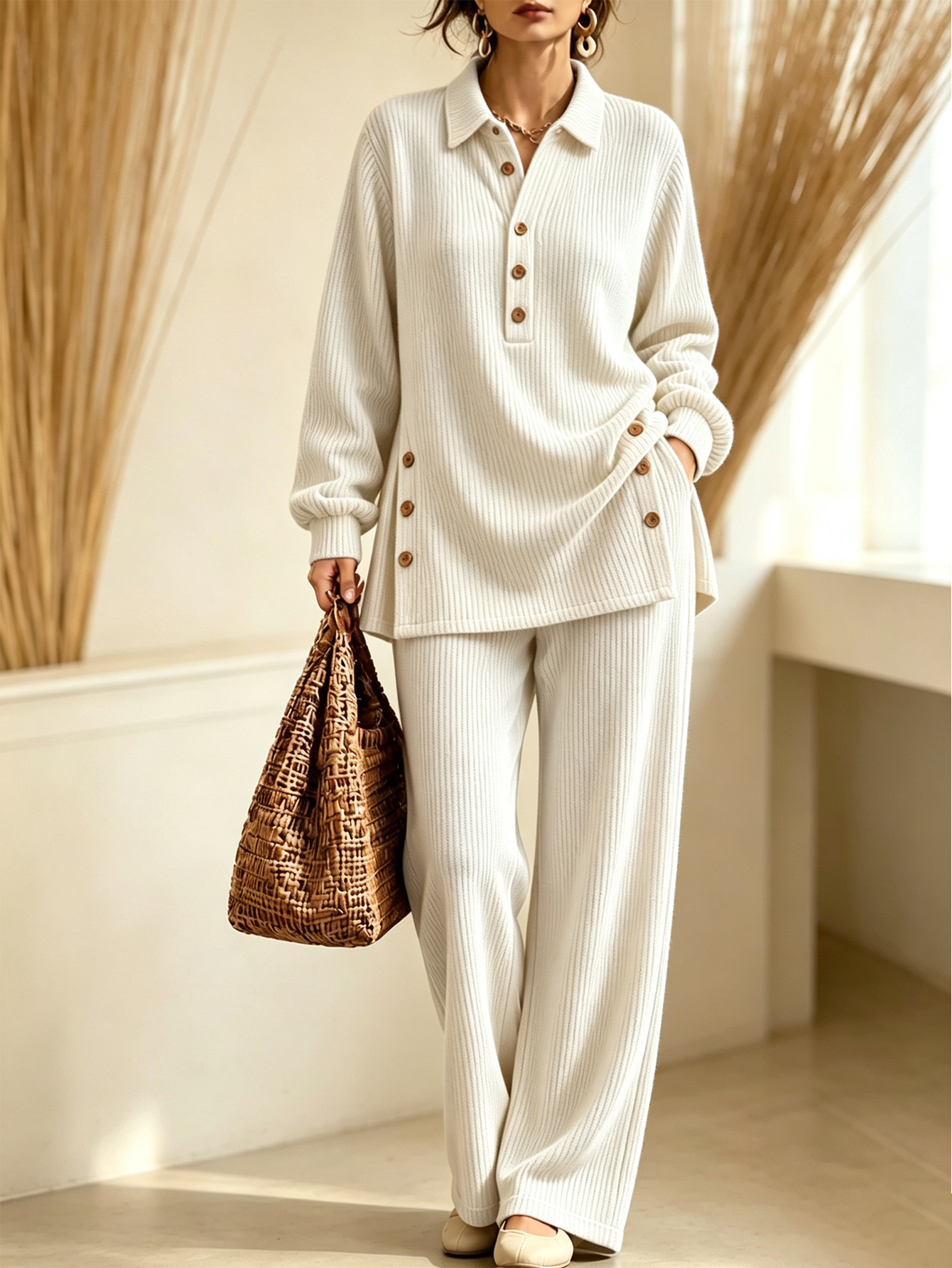  Women’s Knit Polo Set Button Placket Top & Wide Leg Pants Two-Piece Outfit