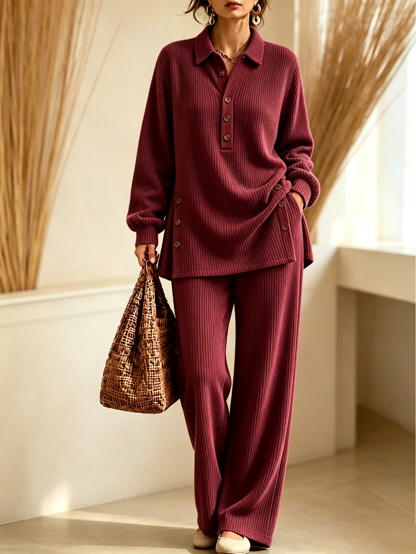  Women’s Knit Polo Set Button Placket Top & Wide Leg Pants Two-Piece Outfit