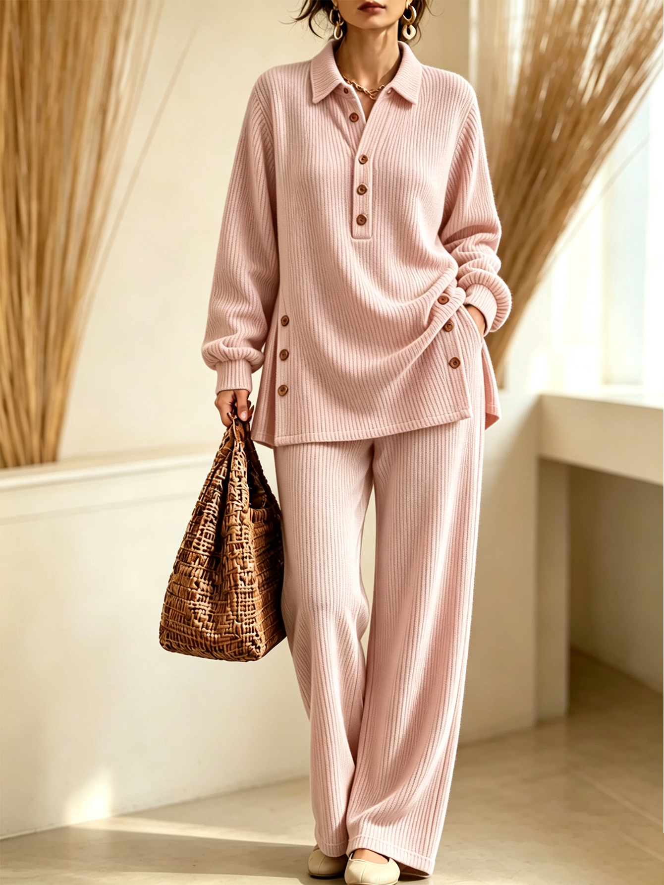  Women’s Knit Polo Set Button Placket Top & Wide Leg Pants Two-Piece Outfit