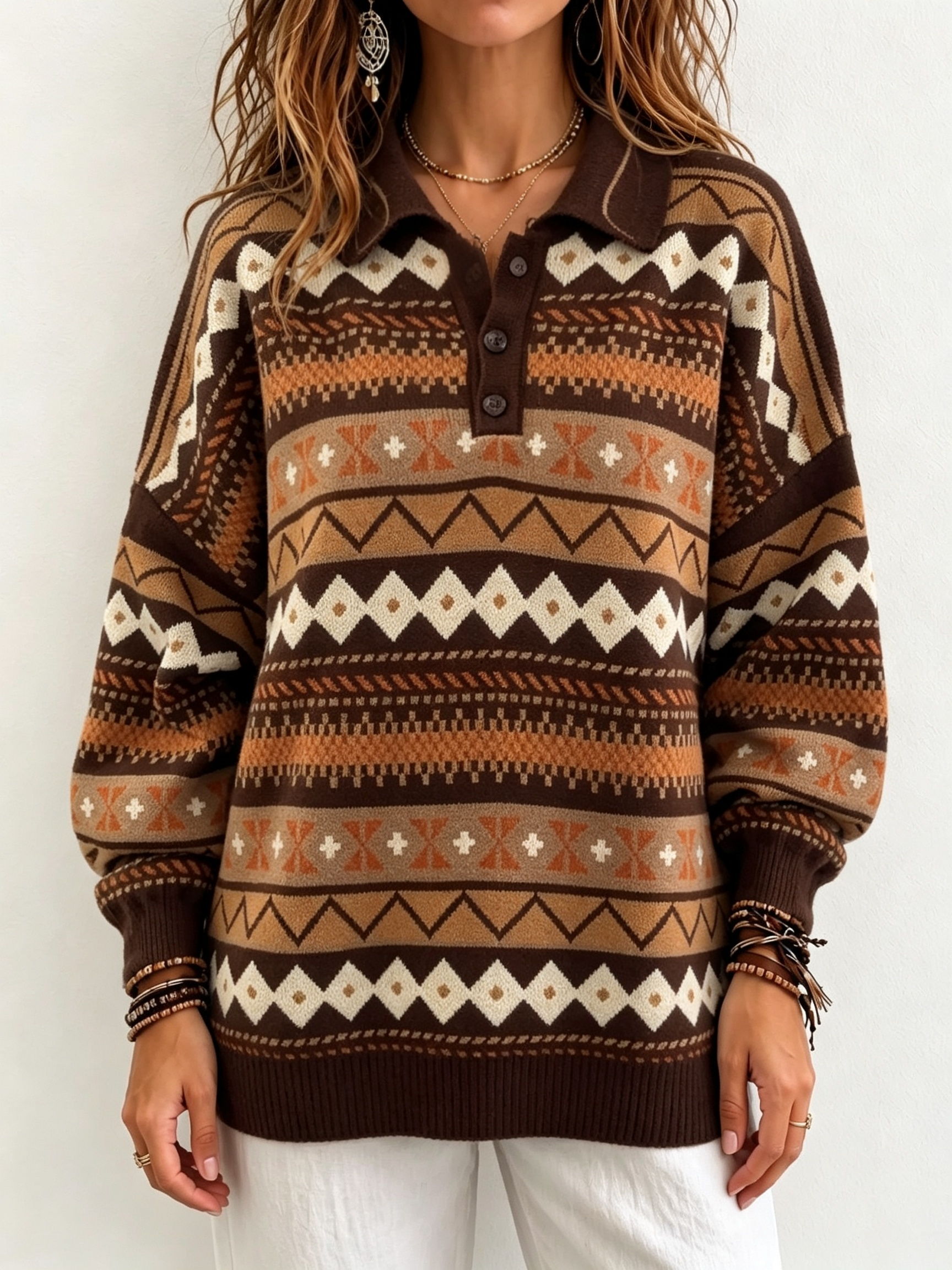 Women’s Fair Isle Polo Collar Knit Top Long Sleeve Button Neck Pullover Sweater