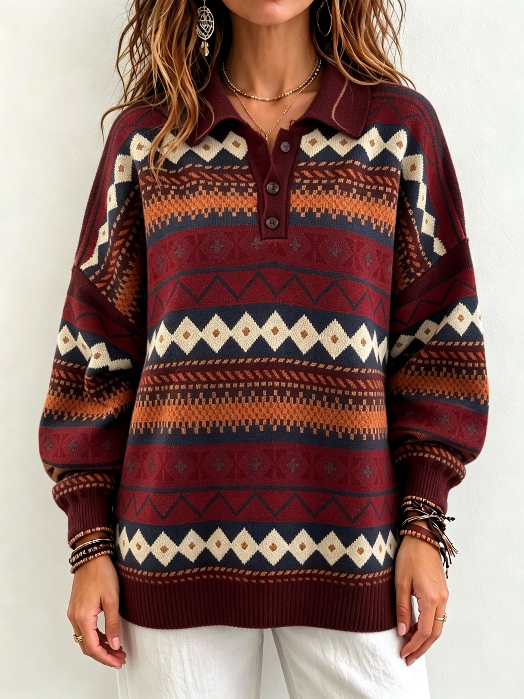 Women’s Fair Isle Polo Collar Knit Top Long Sleeve Button Neck Pullover Sweater