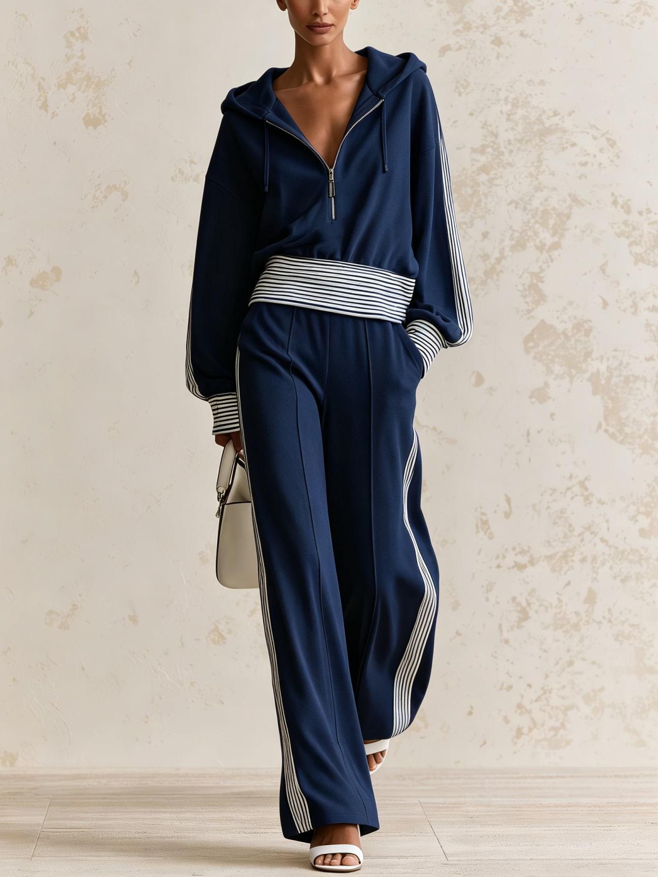  Women’s Hooded Half Zip Casual Set Fleece Top & Wide Leg Pants Two-Piece Outfit