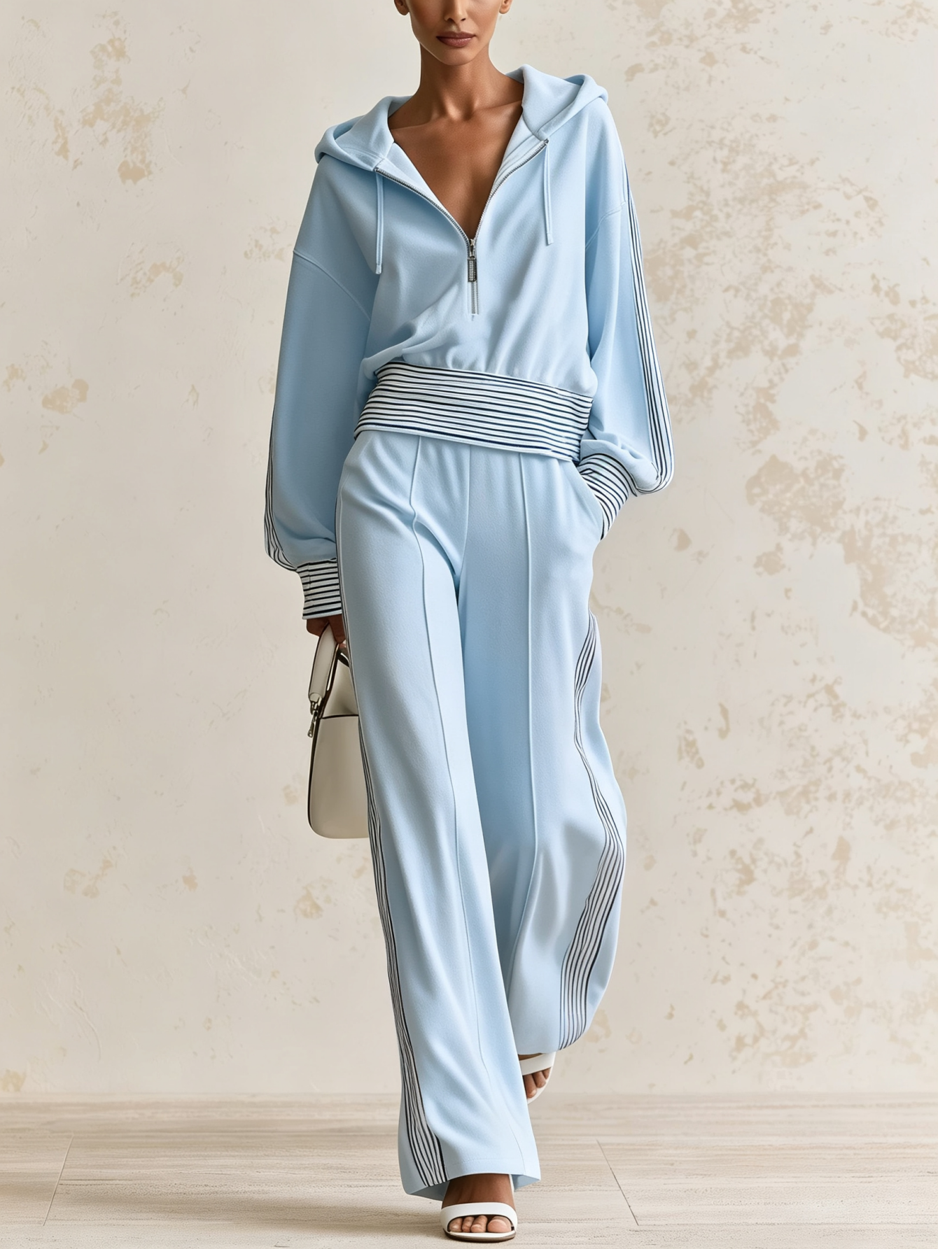  Women’s Hooded Half Zip Casual Set Fleece Top & Wide Leg Pants Two-Piece Outfit