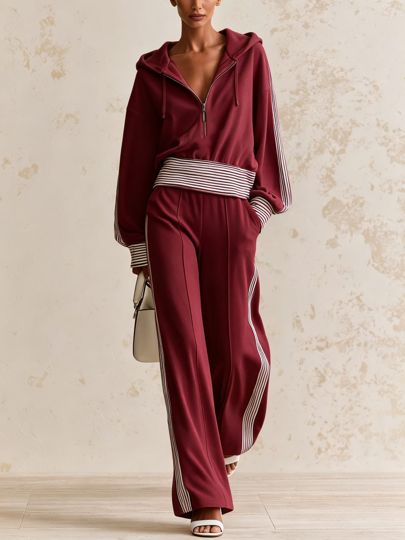  Women’s Hooded Half Zip Casual Set Fleece Top & Wide Leg Pants Two-Piece Outfit