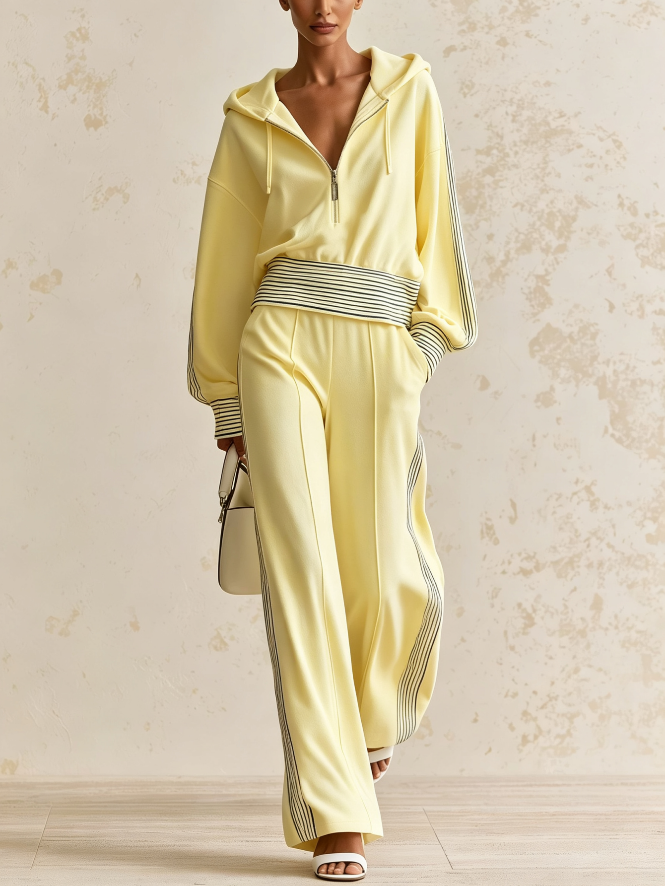  Women’s Hooded Half Zip Casual Set Fleece Top & Wide Leg Pants Two-Piece Outfit
