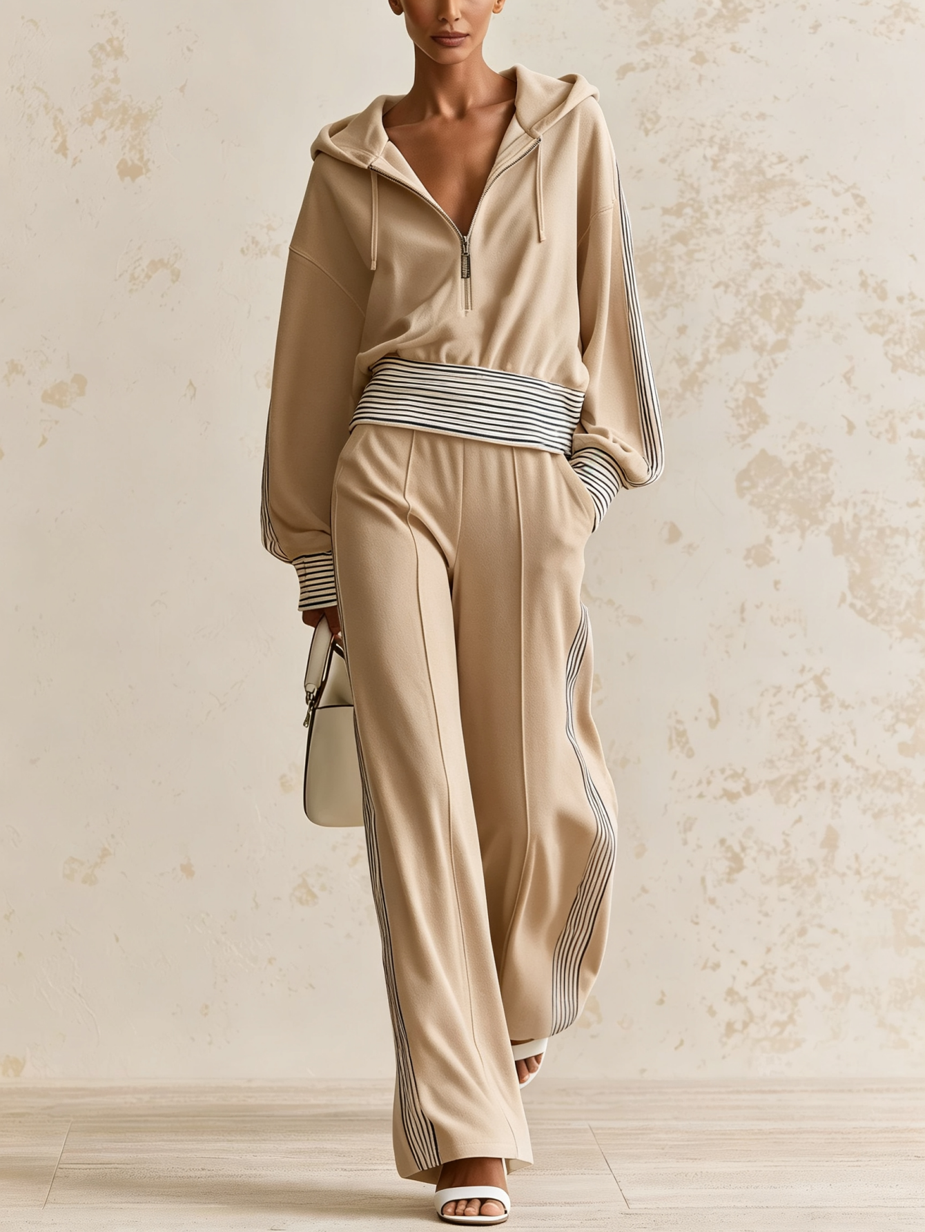  Women’s Hooded Half Zip Casual Set Fleece Top & Wide Leg Pants Two-Piece Outfit