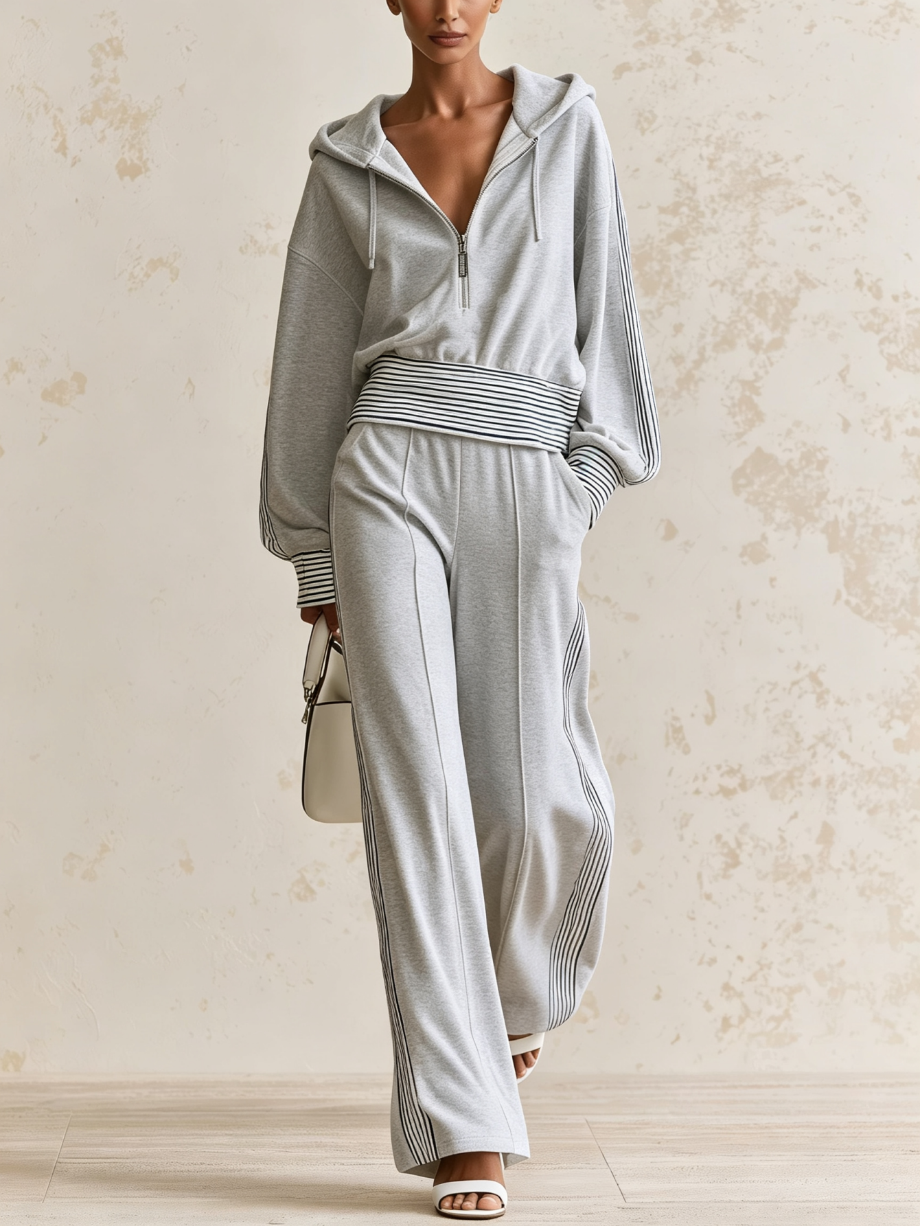  Women’s Hooded Half Zip Casual Set Fleece Top & Wide Leg Pants Two-Piece Outfit
