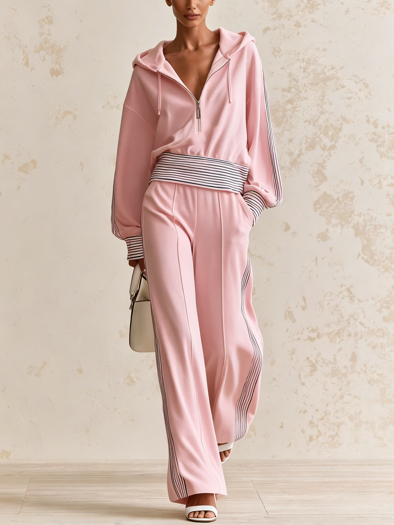  Women’s Hooded Half Zip Casual Set Fleece Top & Wide Leg Pants Two-Piece Outfit