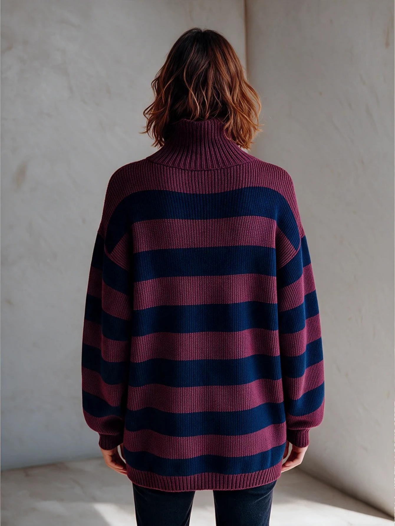 Women’s Knit Striped Asymmetric Zip-Up Top High Neck Long Sleeve Oversized Sweater