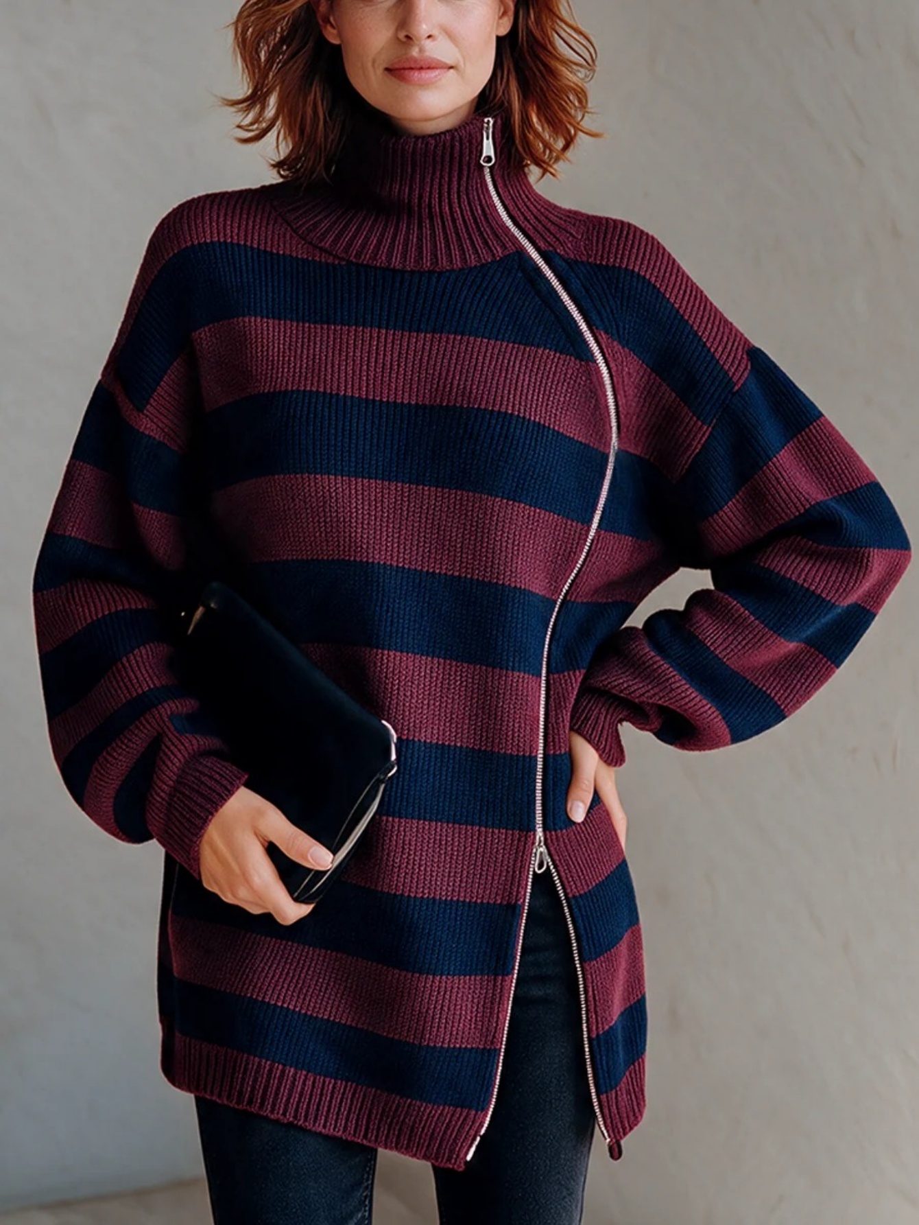 Women’s Knit Striped Asymmetric Zip-Up Top High Neck Long Sleeve Oversized Sweater