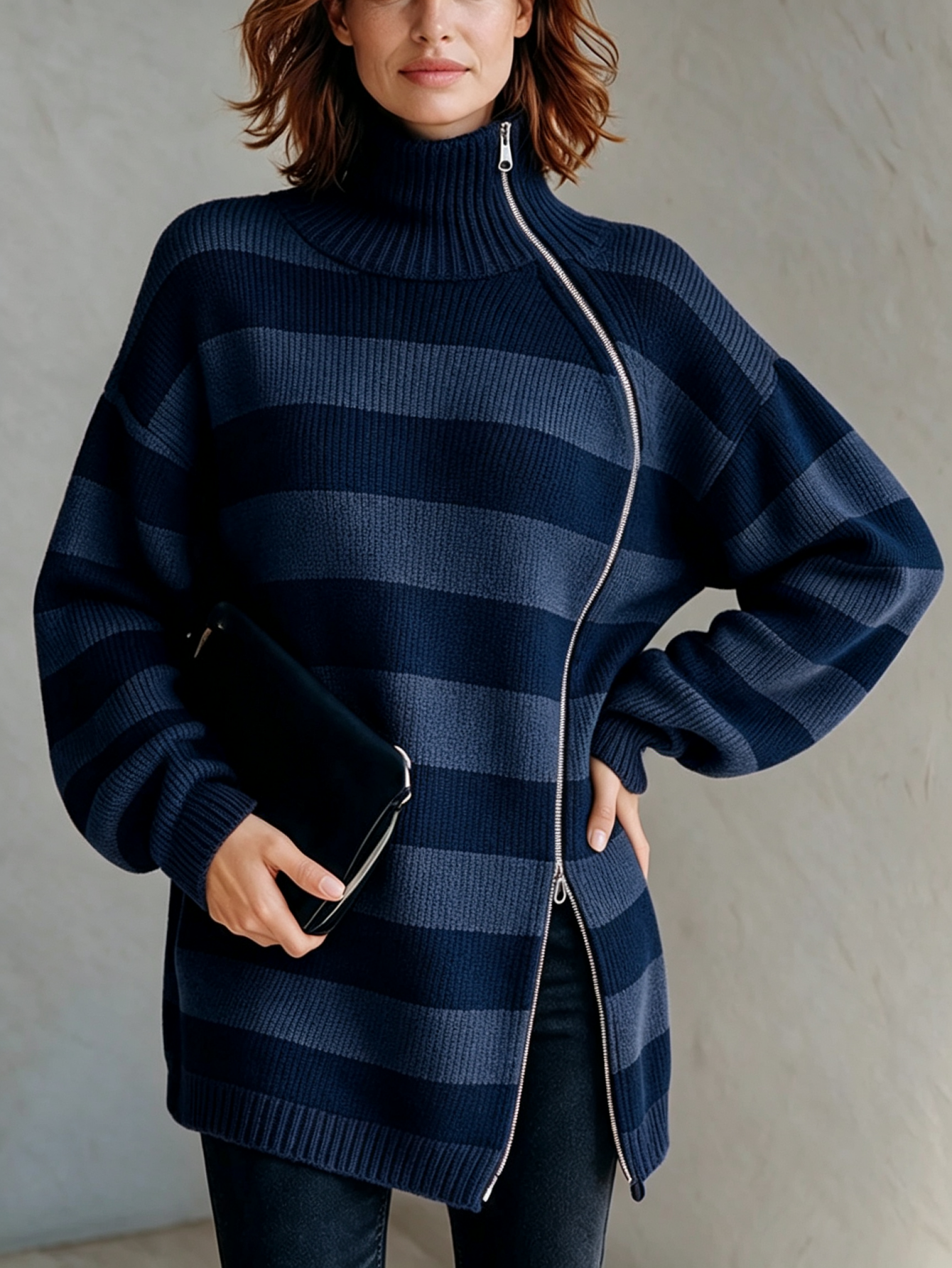 Women’s Knit Striped Asymmetric Zip-Up Top High Neck Long Sleeve Oversized Sweater
