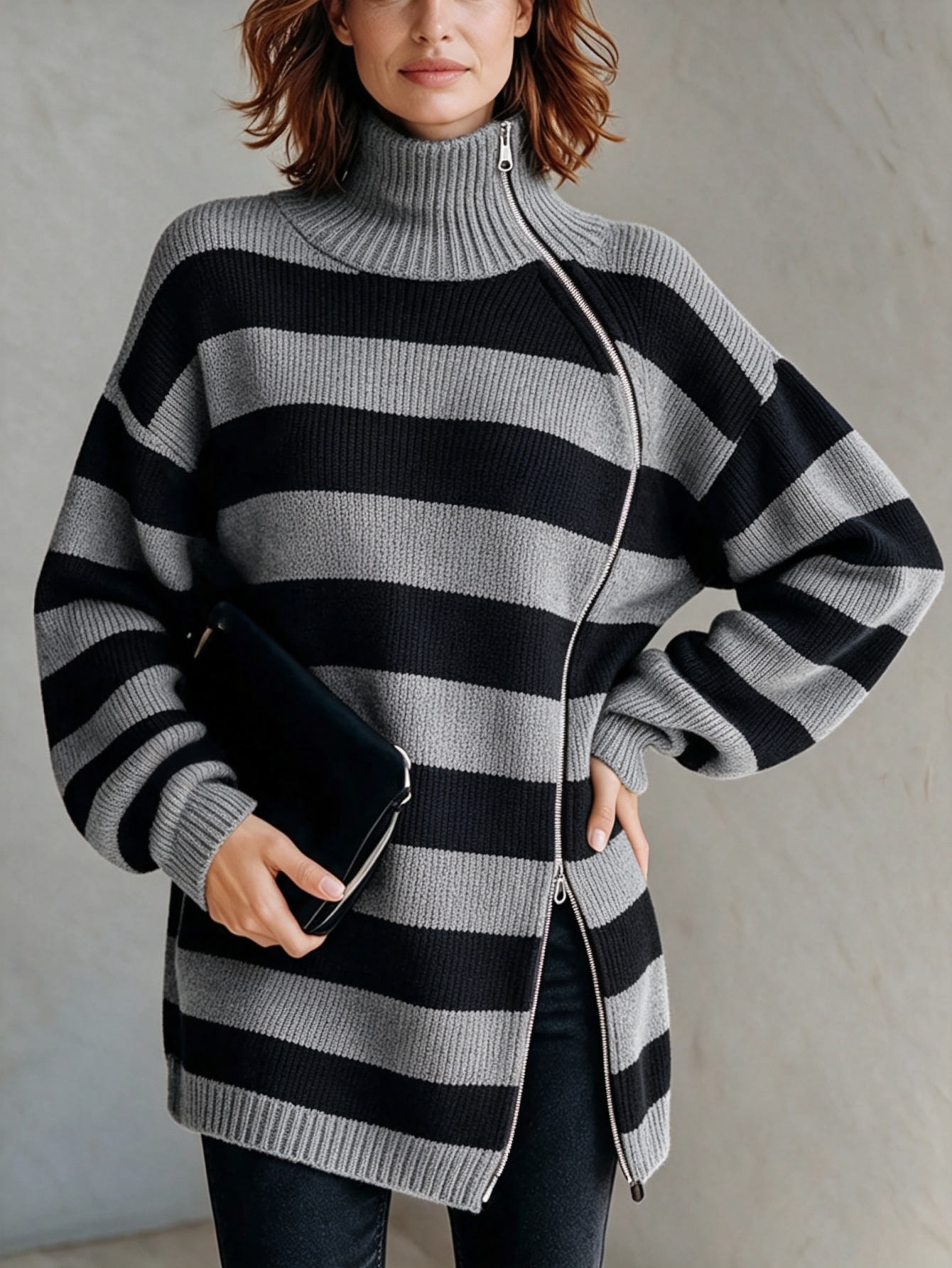 Women’s Knit Striped Asymmetric Zip-Up Top High Neck Long Sleeve Oversized Sweater