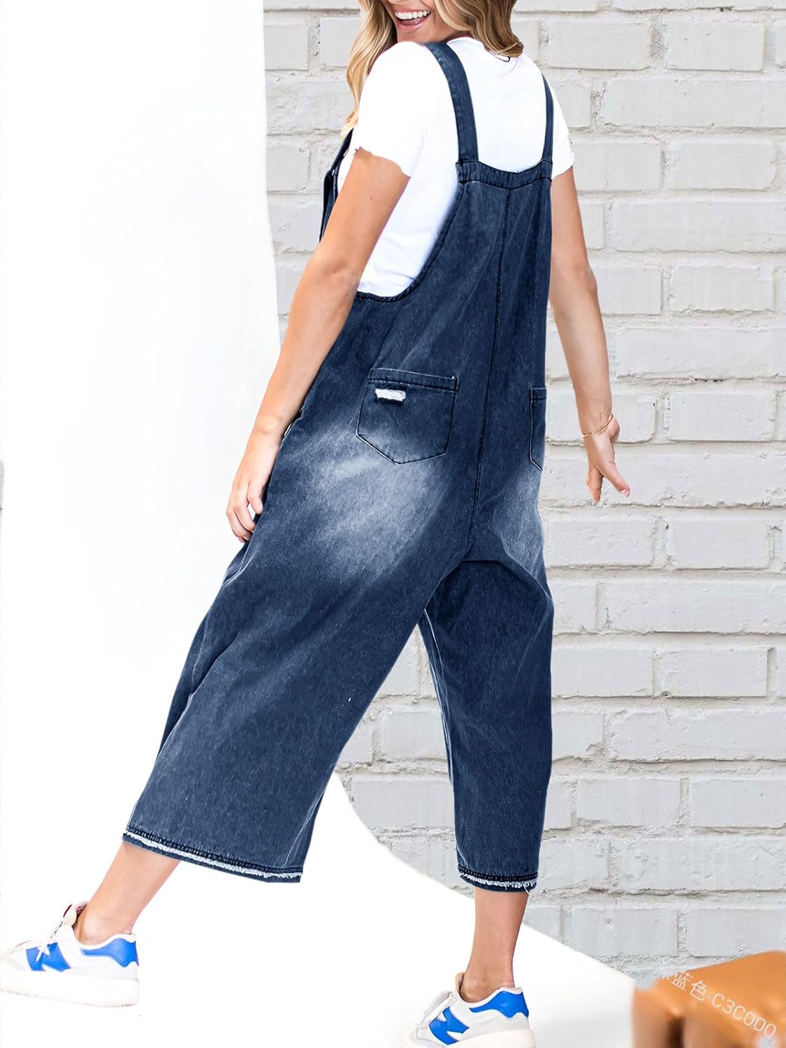 Loose Fit Adjustable Strap Distressed Denim Bib Overalls