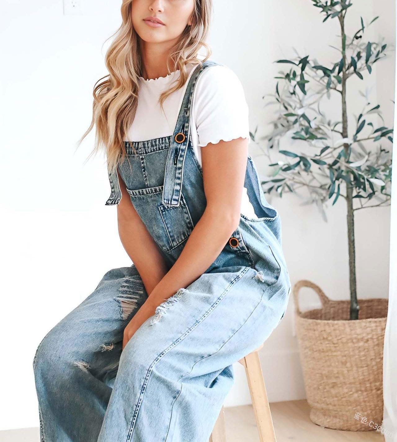 Loose Fit Adjustable Strap Distressed Denim Bib Overalls