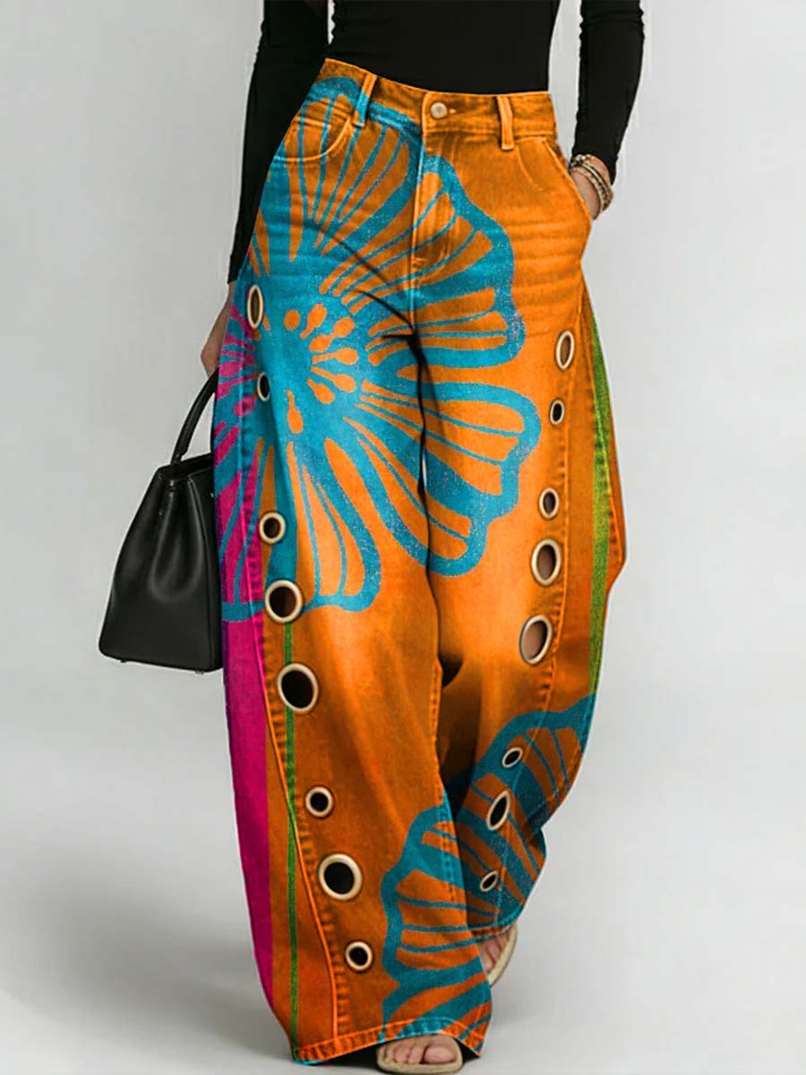 Retro Graphic Print Wide Leg Pants Stylish Hollow Out Grommet Denim Trousers