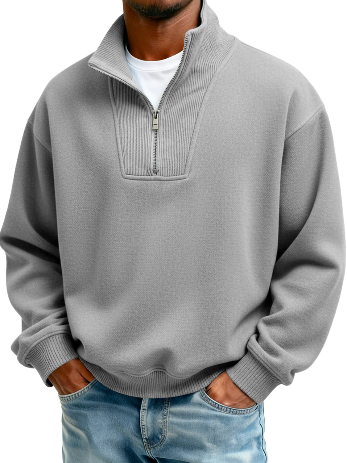 Men's Stand Collar Zipper Ribbed Panel Casual Long-Sleeve Sweatshirt