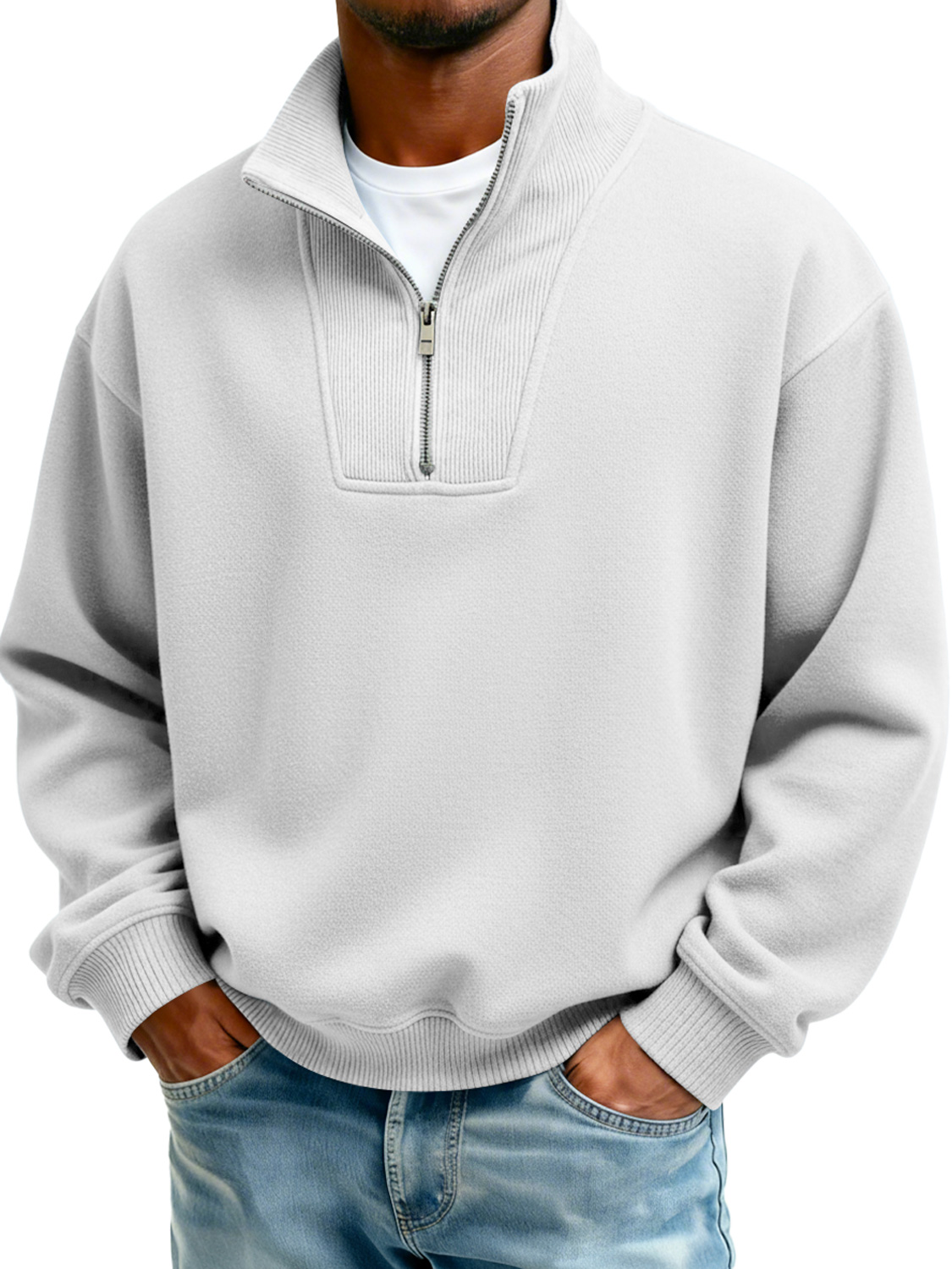 Men's Stand Collar Zipper Ribbed Panel Casual Long-Sleeve Sweatshirt