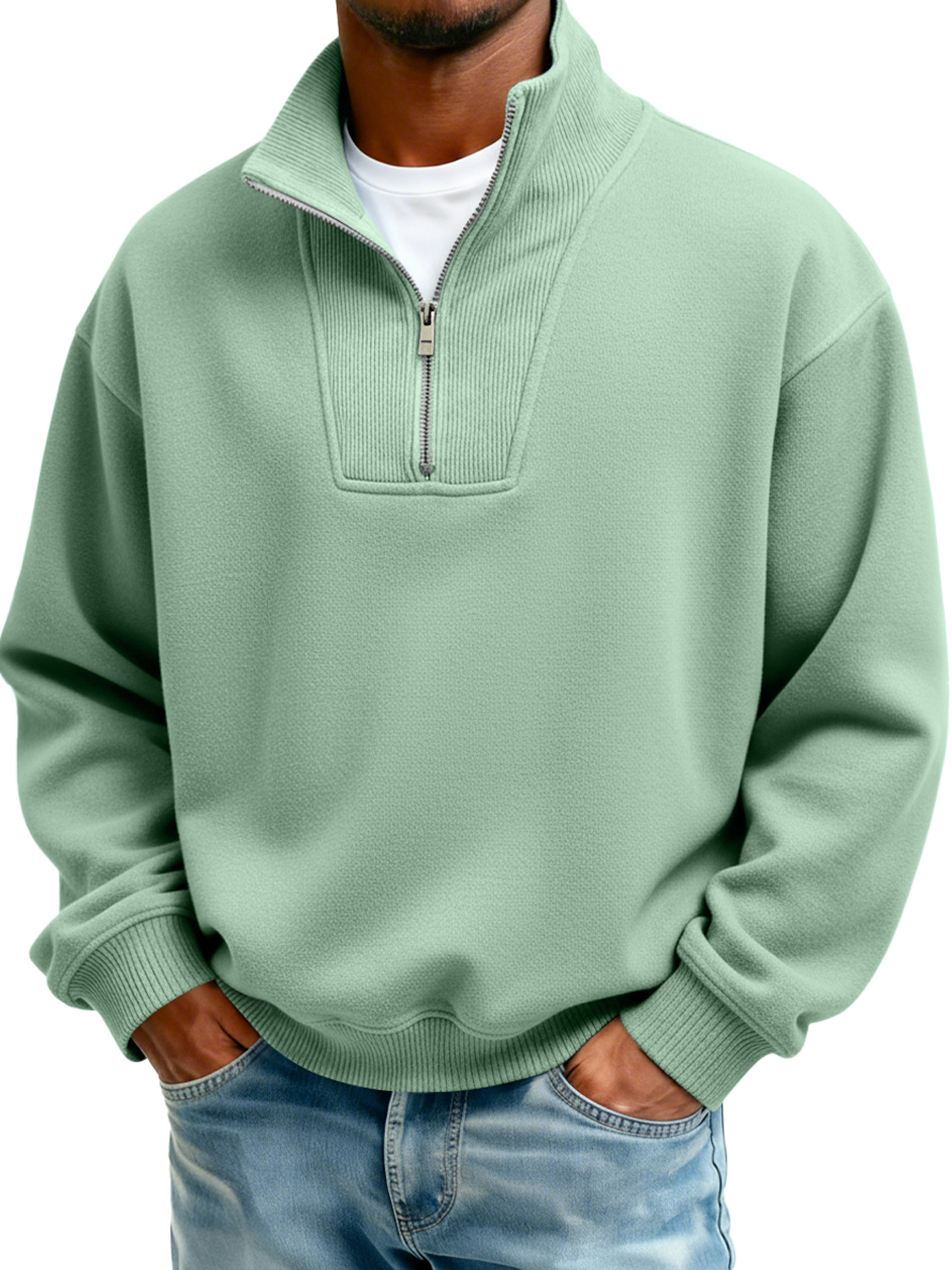 Men's Stand Collar Zipper Ribbed Panel Casual Long-Sleeve Sweatshirt